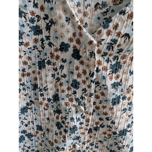 Loft Blouse Top Women MediumBlue‎ Floral Sleeveless Ruffle Trim V Neck Button Up - Picture 4 of 7